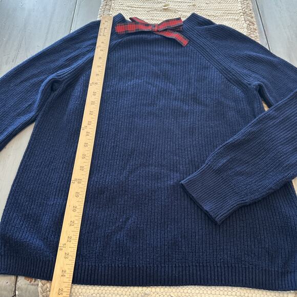 J Crew Mercantile Navy Blue Knit High Neck Sweater Red Plaid Bow Size M Preppy - Picture 5 of 8